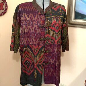 VTG Pan Thai 100% Silk Mens Shirt Size Large Ikat Hand Dyed Handwoven Patchwork